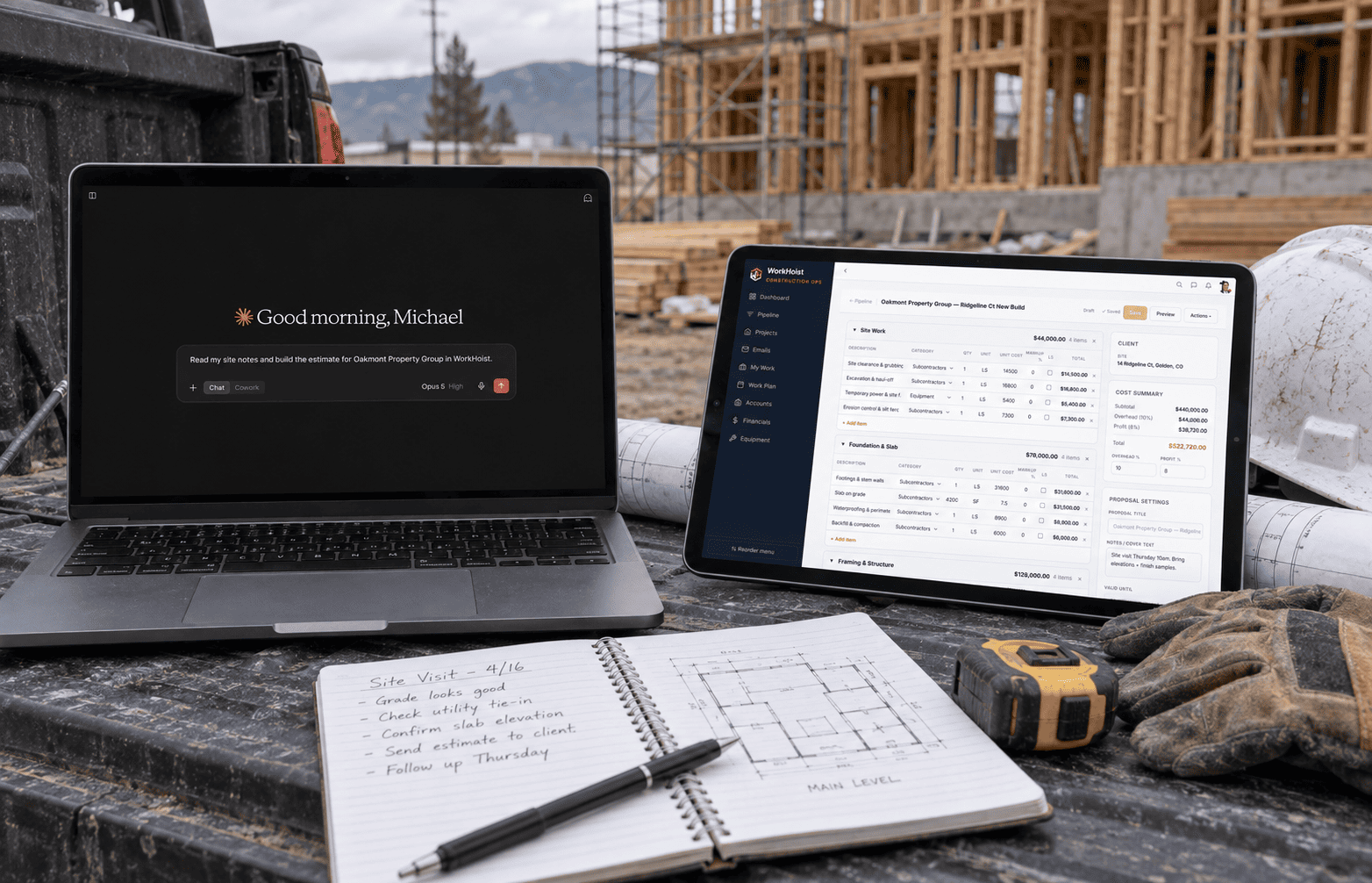 Site notes and a client email handed to an AI assistant, coming back as a priced draft estimate in WorkHoist