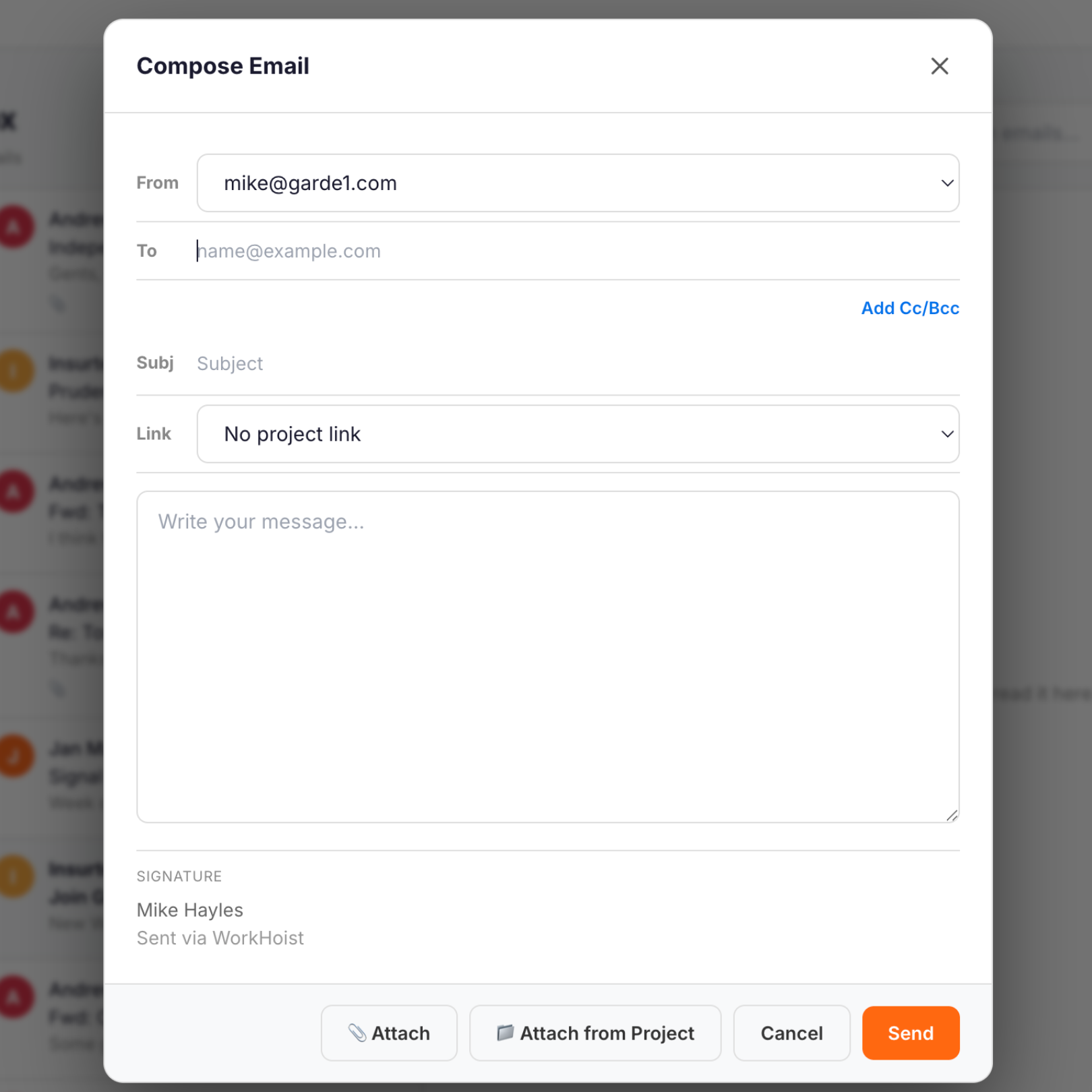 The WorkHoist Compose Email window: From and To fields, a Link dropdown set to "No project link" for tying the message to a project, a signature block, and Attach and Attach from Project buttons along the bottom.