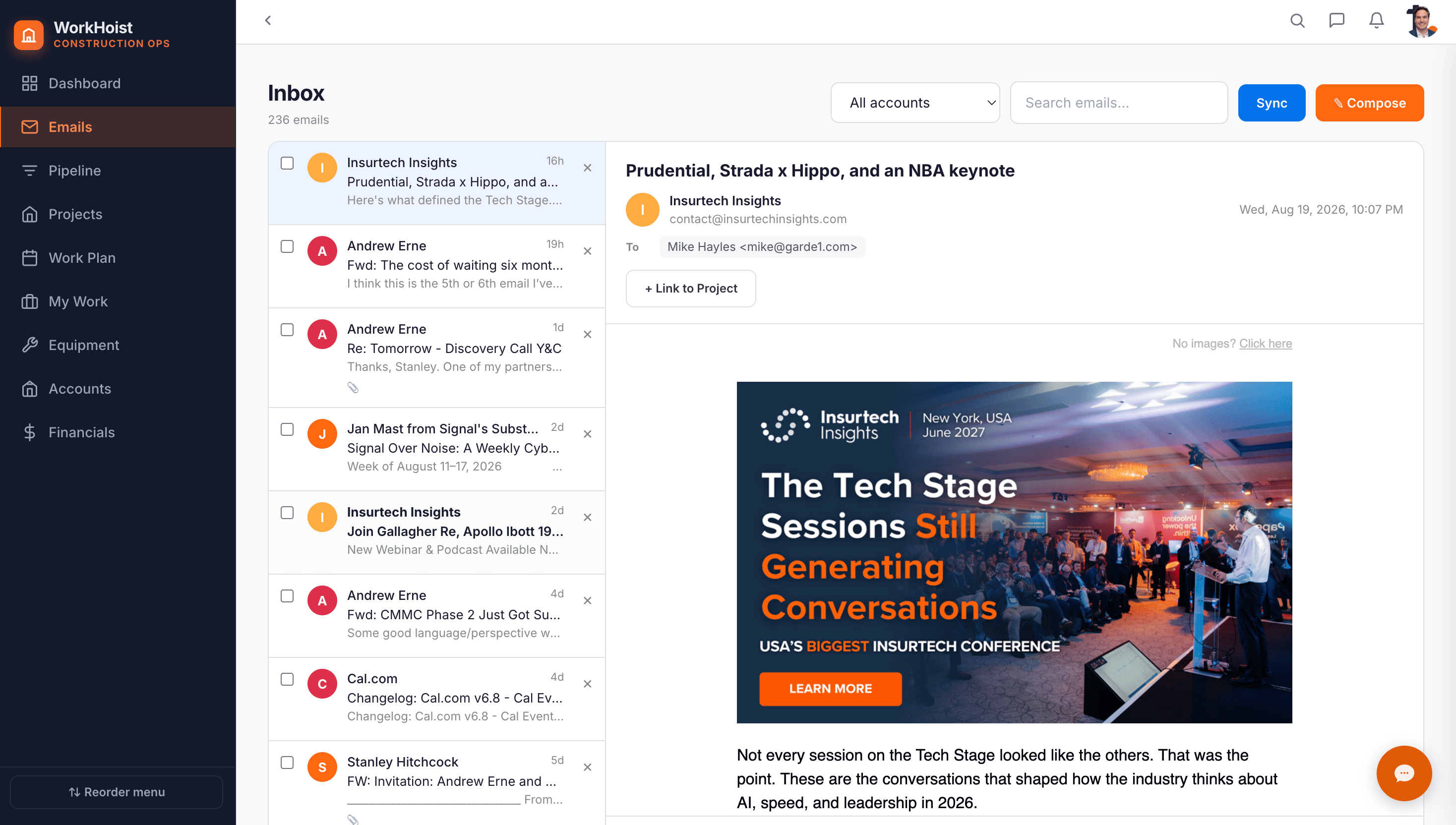 WorkHoist Emails: a project inbox with the message list on the left and the selected email open on the right, including a control to link the thread to a project.