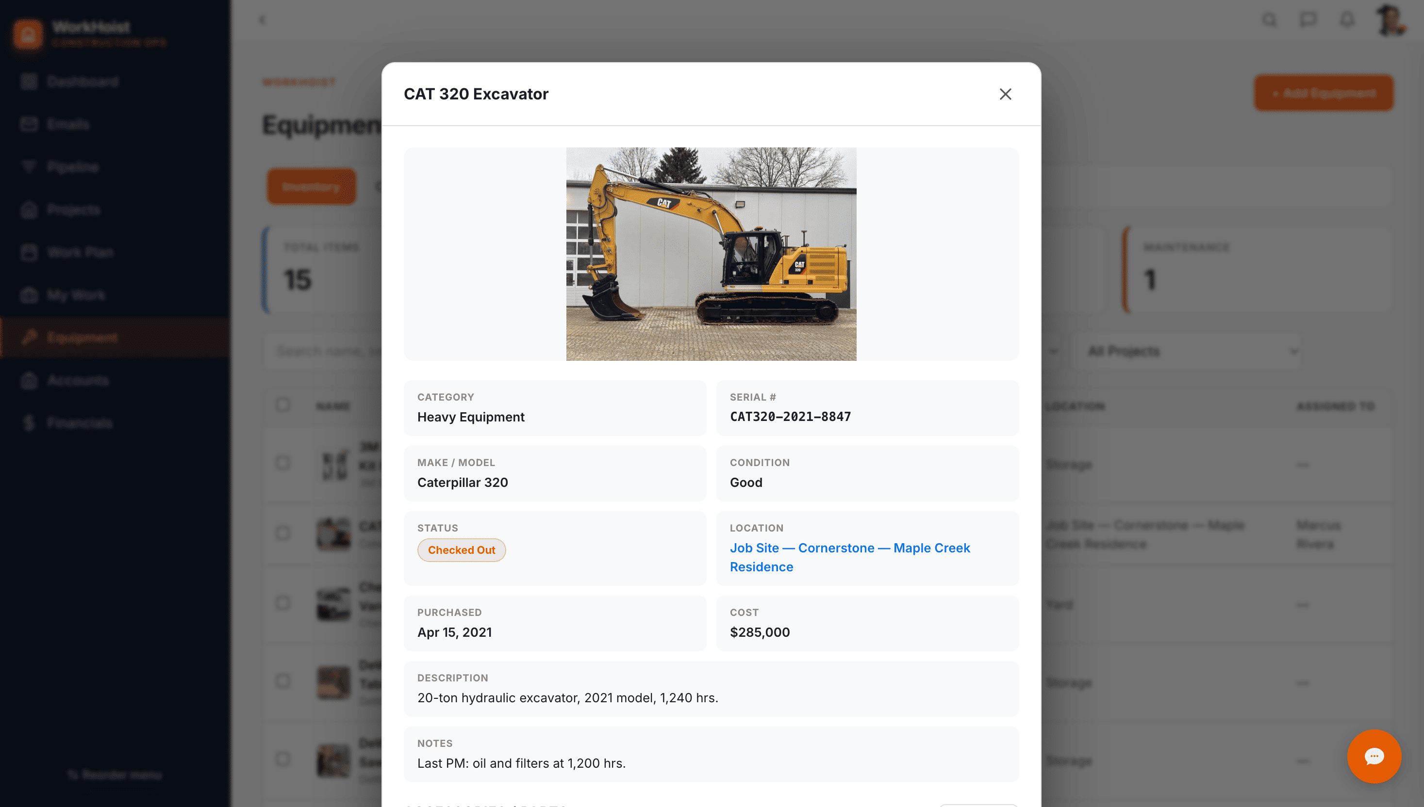 WorkHoist Equipment: the asset inventory with a detail dialog for a CAT 320 excavator showing category, serial number, condition, checked-out status, job site location, purchase date and cost.