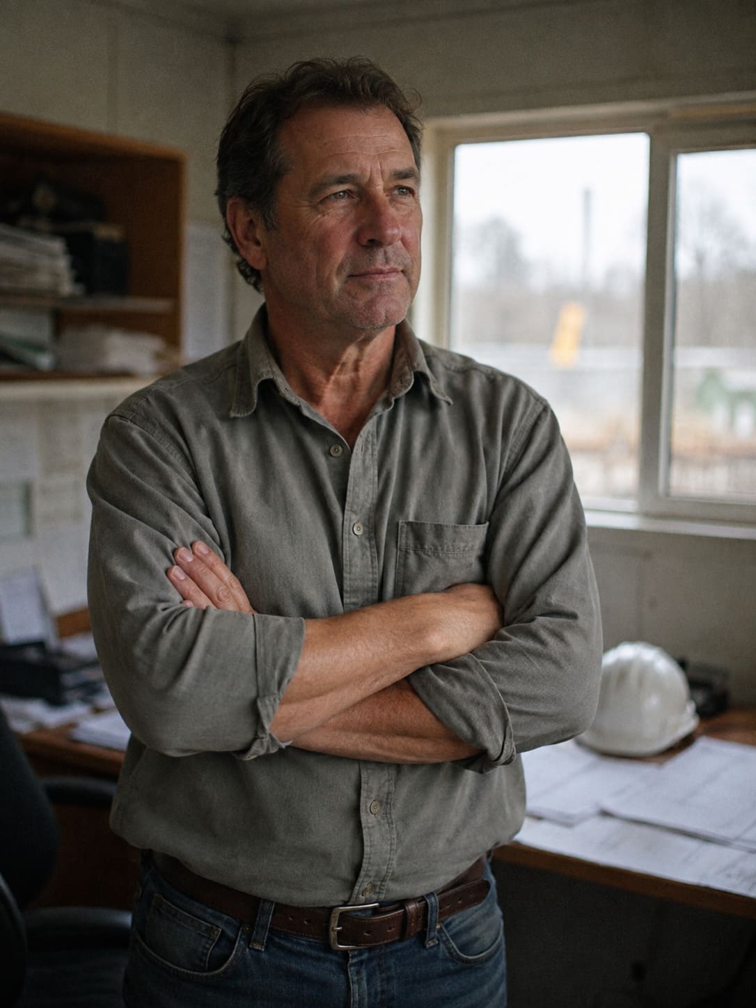 Construction company owner in a site office, arms folded beside a desk of paperwork and a hard hat