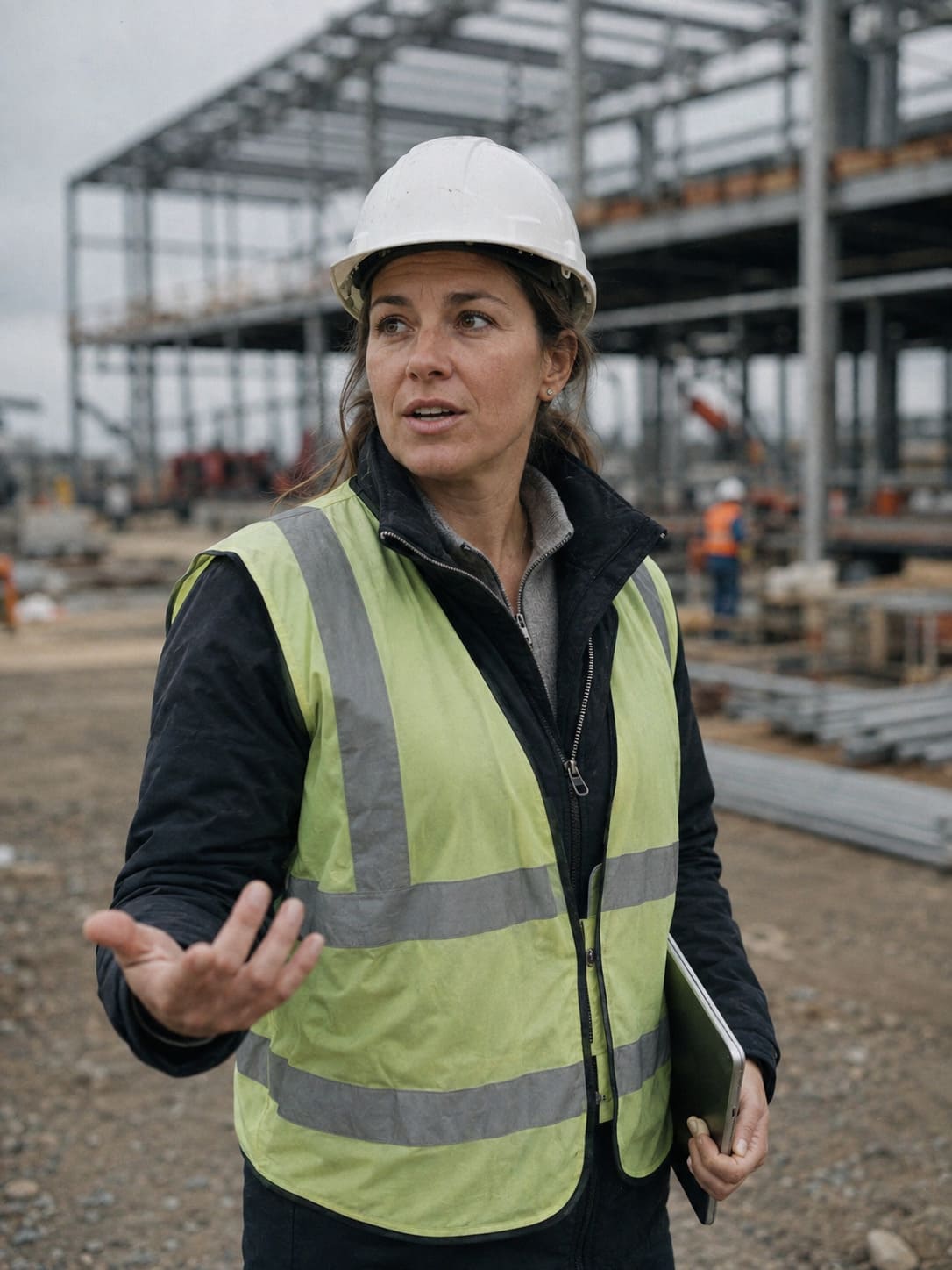 Project manager in a hi-vis vest and hard hat directing work on a steel-frame construction site